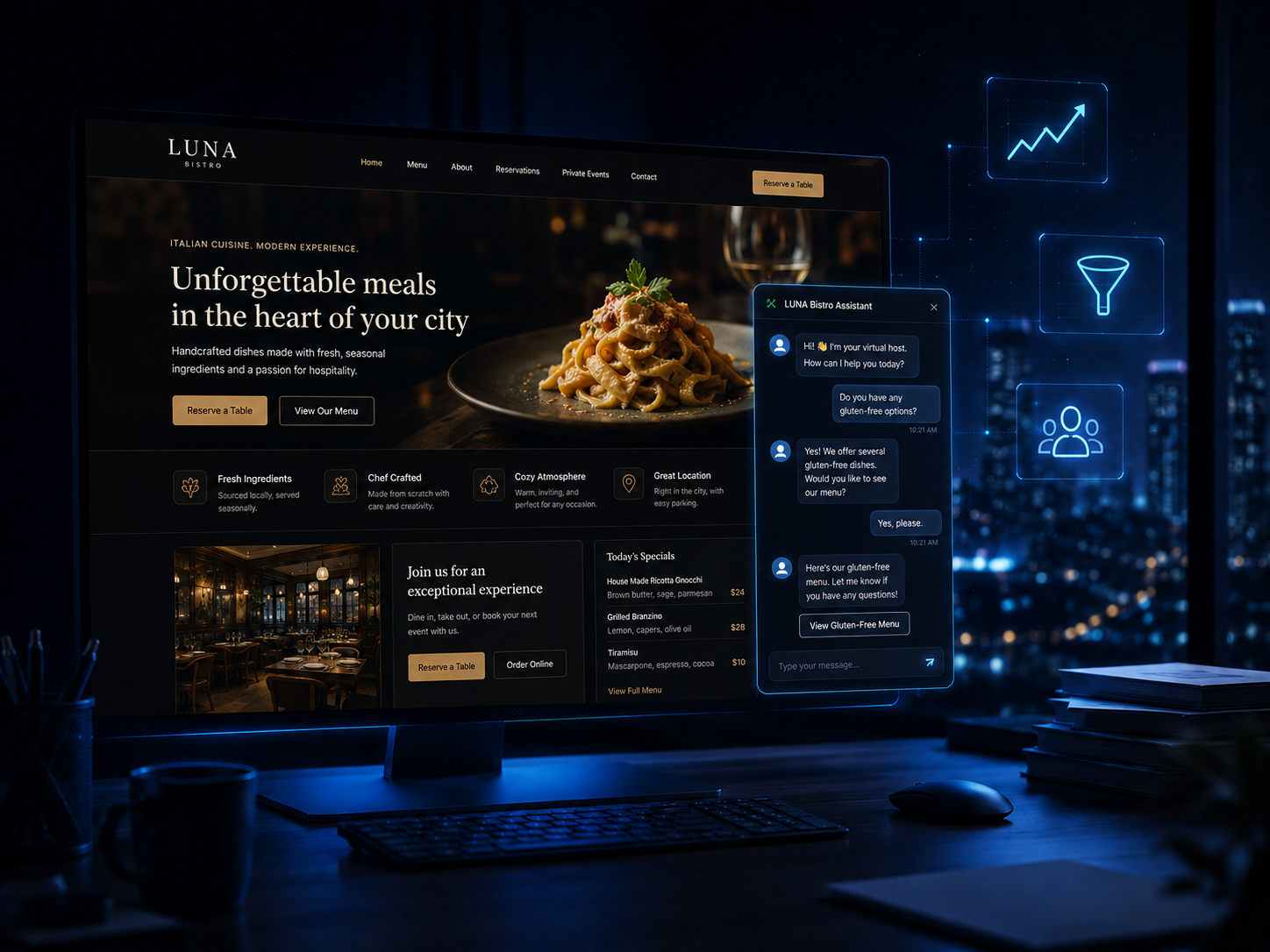 Modern restaurant website with integrated chatbot