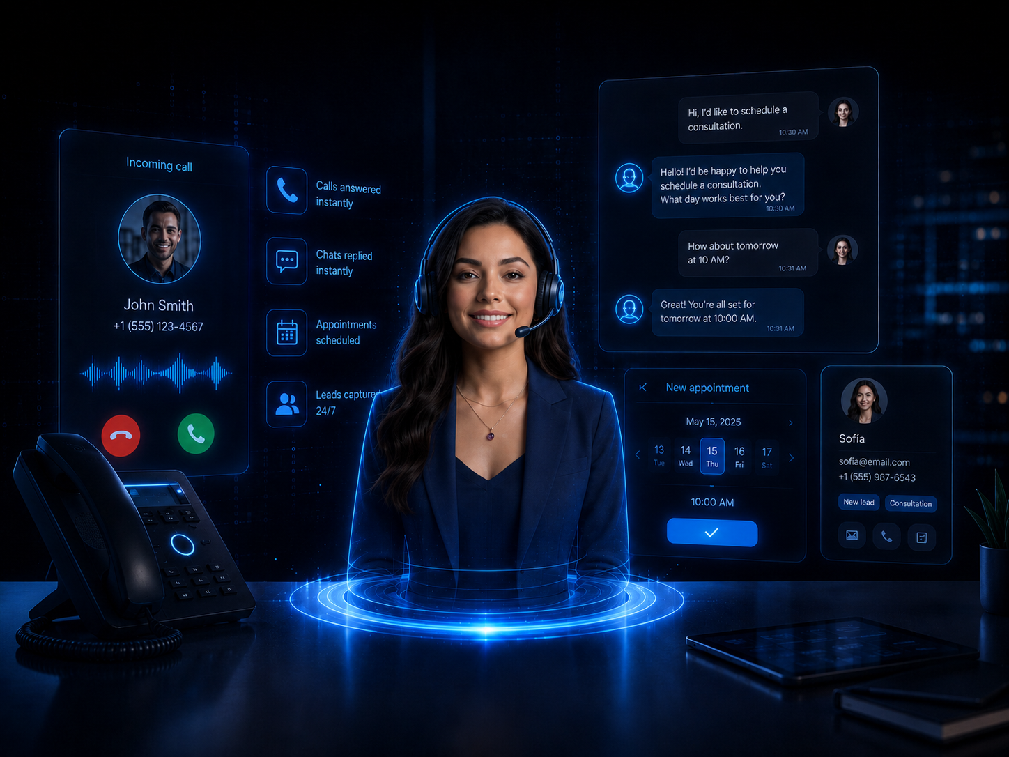AI receptionist Sofia answering calls, booking appointments, and capturing leads