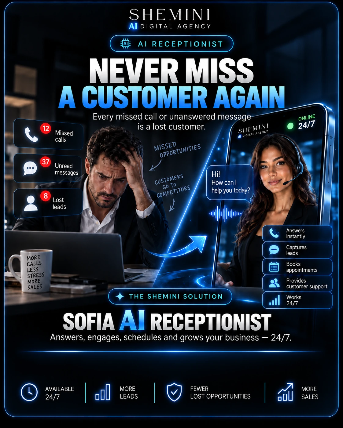 Missed calls and unanswered messages solved by Sofia AI Receptionist